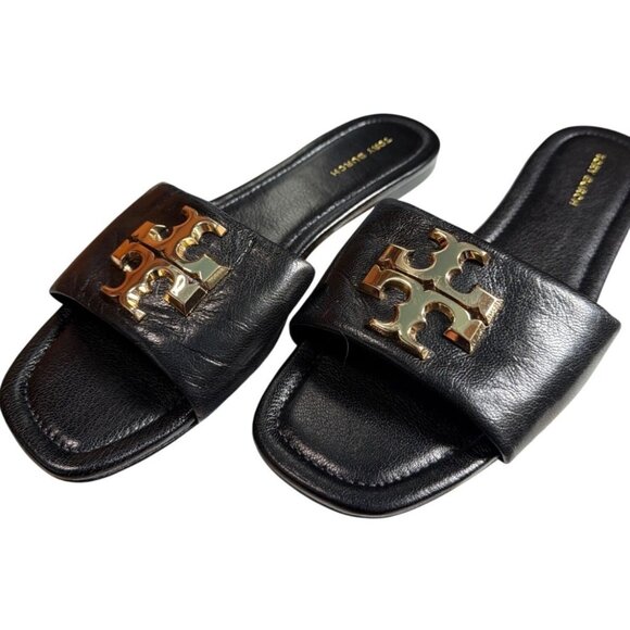 Tory Burch Eleanor Leather Slides Gold Hardware Black Size 6.5 - Picture 12 of 16